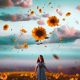 Imagine a world where the sky is always filled with beautiful sunflowers floating in the air.  &#10;. Image 2 of 4