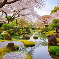 A serene and tranquil Japanese rock garden surrounded by elegant cherry blossom trees