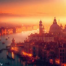 Imagine a sunset view over the beautiful city of Venice, with the iconic buildings lit up in a soft orange glow.