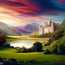 Imagine a beautiful and serene landscape, featuring the iconic and grand Windsor Castle, surrounded by lush green rolling hills and a picturesque lake.