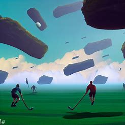 Illustrate a surreal field hockey game with floating landscapes in the background.
