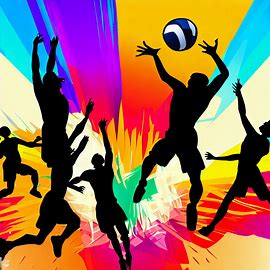 Create a unique and stylish volleyball clipart that includes a colorful background and several players in mid-air with their arms raised about to hit the ball.. Image 3 of 4