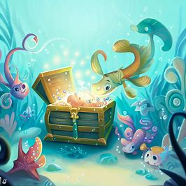Illustrate a whimsical underwater scene with playful sea creatures and a treasure chest filled with glittering gems.