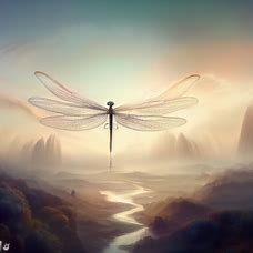 Imagine a dragonfly with wings made of feathers, surrounded by a beautiful, serene landscape.