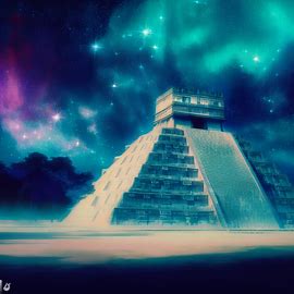Imagine a surreal, dream-like rendering of Chichen Itza set against a backdrop of a starry night sky.. Image 3 of 4