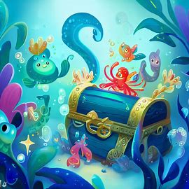 Illustrate a whimsical underwater scene with playful sea creatures and a treasure chest filled with glittering gems.. Image 2 of 4