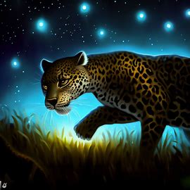 Paint a picture of a jaguar hunting at night in its natural habitat, surrounded by glowing stars.. Image 3 of 4