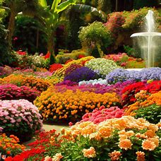 A garden with colorful flowers and a fountain.