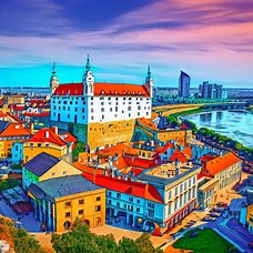 Imagine a colorful bird's eye view of the Bratislava fortress and Old Town Square against the backdrop of the Danube River.
