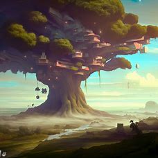 surreal landscape that features a floating city built into a massive, whimsical tree.