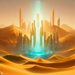 Design a fantastical concept art of Huacachina, with futuristic deserts, towering sand dunes, and a futuristic city sprout from the center of the oasis.