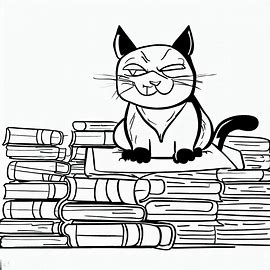 Make a black and white line drawing of a smirking cat sitting on a pile of books, surrounded by a library of books.. Image 3 of 4