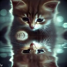 Imagine a kitten admiring its own reflection in a shiny pool of water