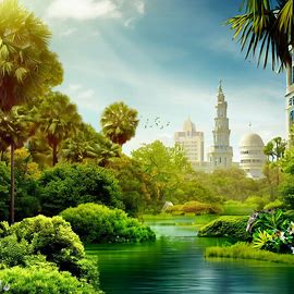 Create an idyllic scene of Orlando, Florida with lush greenery and iconic landmarks in the background.. Image 2 of 4