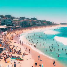 Create an image of a bustling Bondi Beach with surfers, tourists, and locals having a great time on a sunny day.