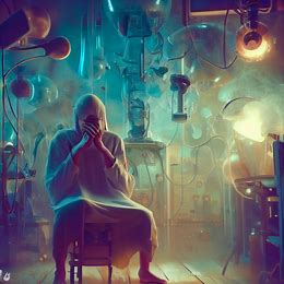Illustrate a surreal and dreamlike image of a test subject in a strange and mysterious lab, surrounded by strange advancements, and with a mask covering the subject's face.