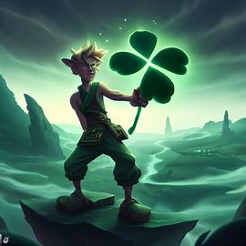 Create a surreal landscape featuring the character Asta wielding his five-leaf clover grimoire.. Image 2 of 4
