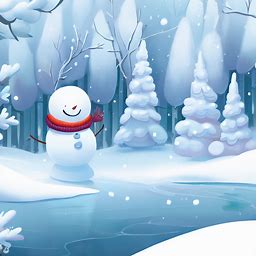 Illustrate a winter wonderland with snow-covered trees, a frozen lake, and a snowman with a cheerful expression and a red scarf.