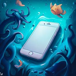 Illustrate an iPhone 7 floating in the ocean surrounded by sea creatures