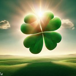 Create an image of a giant floating four leaf clover with a shining sun in the background.