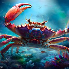 Create an image of a majestic underwater world, filled with vibrant and diverse crabs, including a large and colorful king crab that dominates the sea.