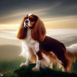 Picture a beautiful, serene landscape with a majestic Cavalier King Charles spaniel standing majestically on a hilltop.