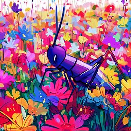 Draw a cricket surrounded by a field of vibrant, blooming flowers. Image 2 of 4
