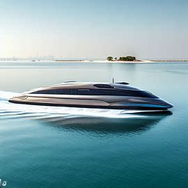 Depict a sleek, modern ferry gliding across the calm waters of an artificial island in Qatar. Image 4 of 4