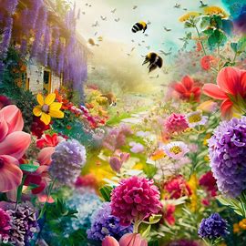 Imagining an English garden in bloom, with vibrant flowers and bumble bees。第 2 个图像，共 4 个图像