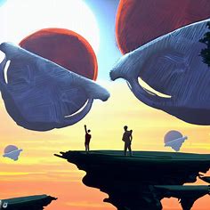 Draw a surreal landscape featuring a game of basketball played between floating islands and a glowing sun.