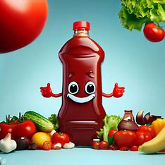 Create an image of a giant bottle of ketchup with a smiley face on it and surrounded by vegetables