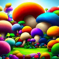 Draw an image of a colorful garden filled with plush and vibrant stuffed mushrooms.