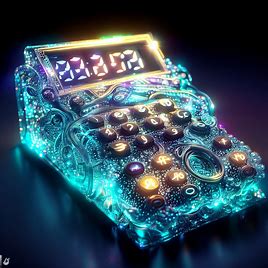 Imagine a calculator made of crystal, with glowing numbers and intricate designs, show us what it would look like