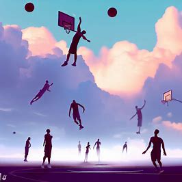 Create a surreal interpretation of a basketball game where players are floating through the air while they shoot hoops.
