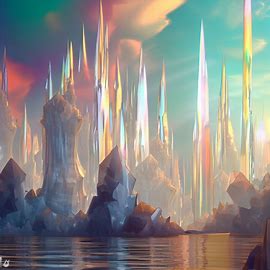 What do you think a city built entirely out of quartz would look like? Envision towering spires and buildings shining in the sun, reflecting the light in a spectrum of colors.”. Image 2 of 4
