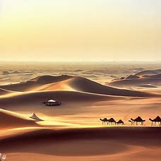Draw a sweeping desert landscape dotted with camels and Bedouin tents in Qatar