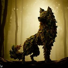 Design a figure of a wolf made entirely out of leaves and branches that stands proud in a forest.