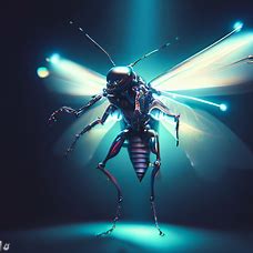 Imagine a futuristic world where insects have evolved into advanced robots, with sleek metal exoskeletons and glowing LED wings.