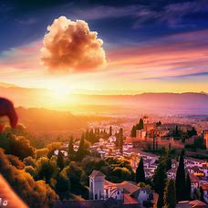 Imaginate a beautiful sunset over Granada, Spain with a stunning view from the Alhambra palace.