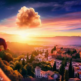Imaginate a beautiful sunset over Granada, Spain with a stunning view from the Alhambra palace.. Image 1 of 4