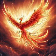 Draw a majestic phoenix soaring through the sky amidst a fiery storm.