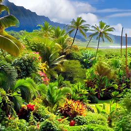 Depict a tropical paradise scene with lush vegetation and exotic wildlife on the island of Kauai.. Image 3 of 4