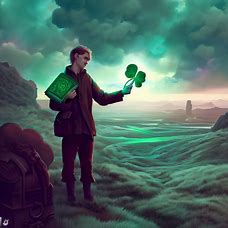 Create a surreal landscape featuring the character Asta wielding his five-leaf clover grimoire.