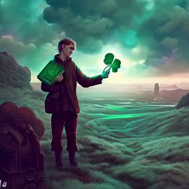 Create a surreal landscape featuring the character Asta wielding his five-leaf clover grimoire.. Image 1 of 4