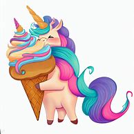 Illustrate a magical unicorn holding a giant ice cream cone with a rainbow of different flavors