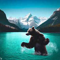 Imagine a giant grizzly bear playing in the turquoise waters of Banff National Park with snow capped mountains in the background