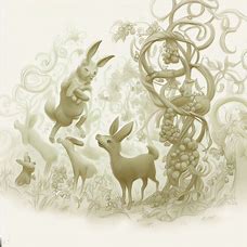 Draw a whimsical scene of animals, such as rabbits and deer, picking grapes from towering vines.