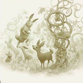 Draw a whimsical scene of animals, such as rabbits and deer, picking grapes from towering vines.。第 1 个图像，共 4 个图像