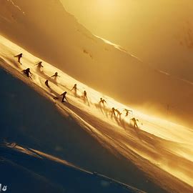 Imagine a group of skiers and snowboarders racing down a steep and challenging mountain run, basked in the golden glow of the setting sun.. Image 4 of 4