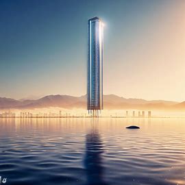 Imagine a majestic skyscraper floating effortlessly above the sparkling waters of a salt lake city. Image 4 of 4